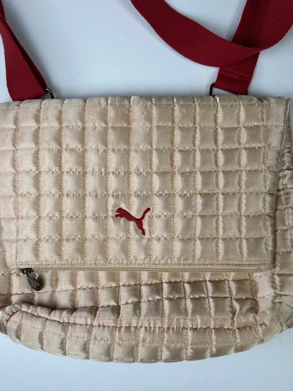 Vintage Puma Quilted Crossbody Bag in Champagne with Red Strap- Classic Puma